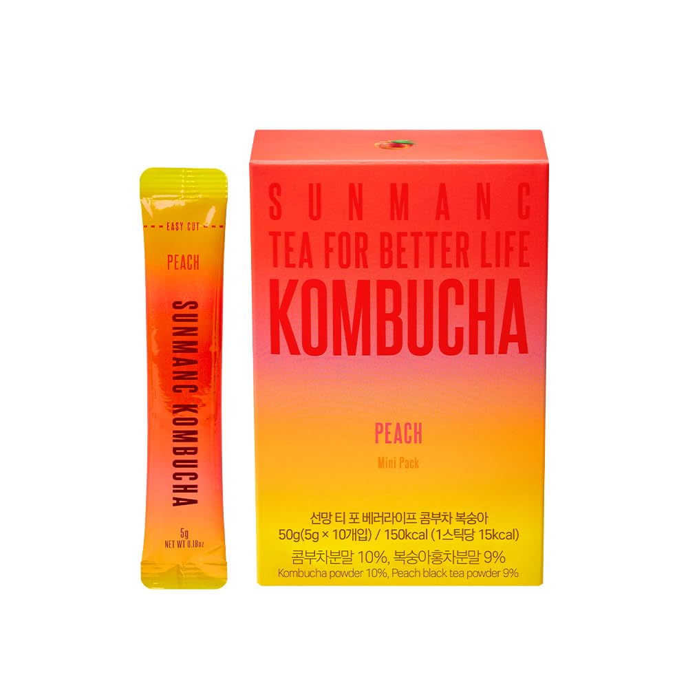 SUNMANC Kombucha Powdered Drink Mix, Sparkling Probiotic, Peach Flavor, 1.76 Ounce, Low Calories, Sugar 0g, Low Caffeine