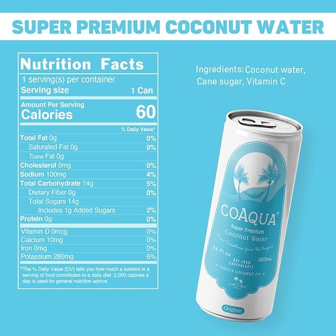CoAqua Organic Coconut Water, 24 Pack, Natural Electrolytes for Hydration, Naturally Sweet Electrolyte Drink Potassium, Pure Coc