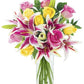 KaBloom PRIME NEXT DAY DELIVERY - Fall Collection - -Bouquet of 5 Pink Rose 5 Yellow Rose 5 Pink Stargazer lily with Greens With Vase .Gift for Birthday  Easter Mothers Day Fresh Flowers
