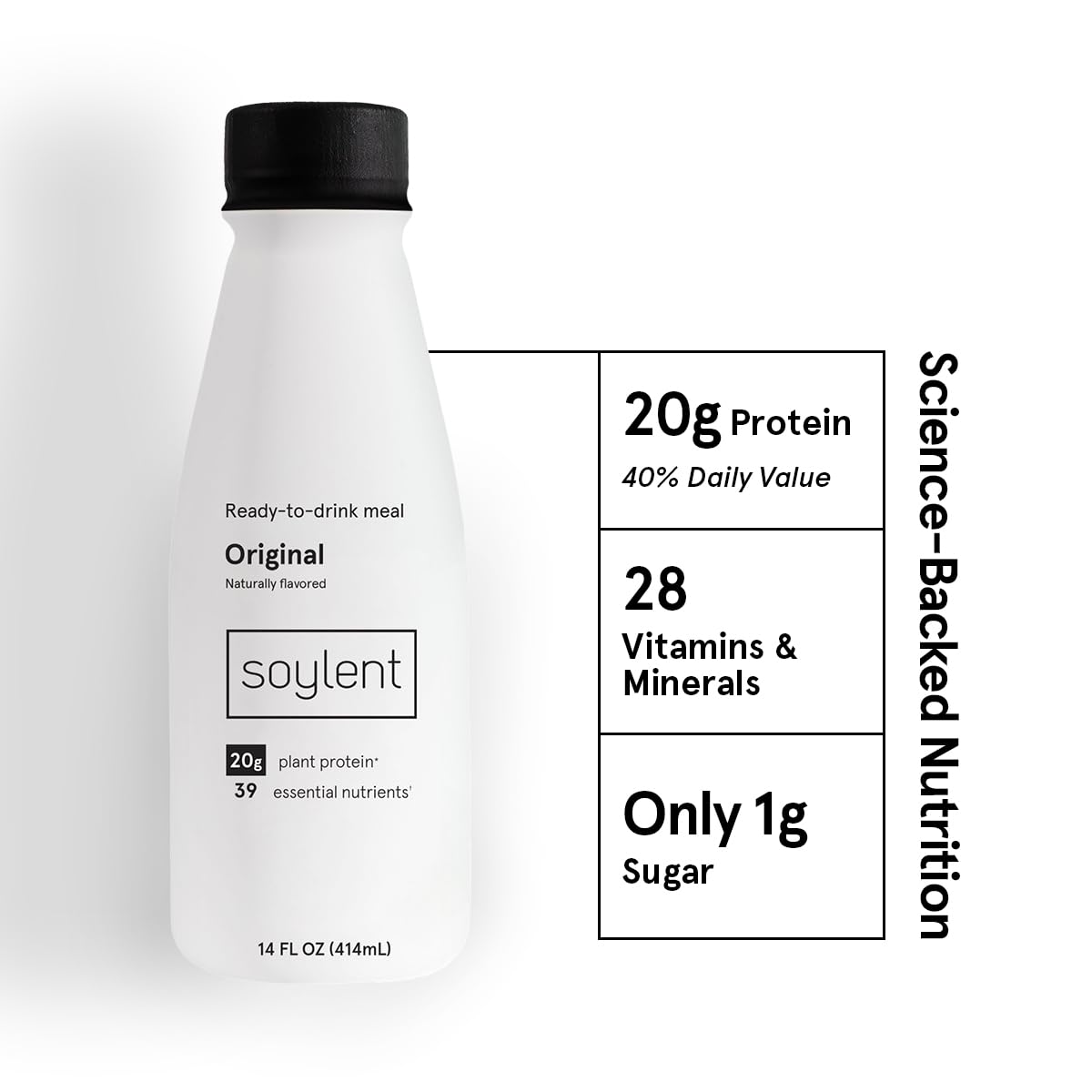 Soylent Complete Meal Replacement Shake, Original, 20g complete protein, 28 vitamins & minerals, low sugar, 14oz (Single Bottle)