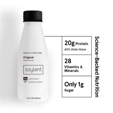 Soylent Complete Meal Replacement Shake, Original, 20g complete protein, 28 vitamins & minerals, low sugar, 14oz (Single Bottle)
