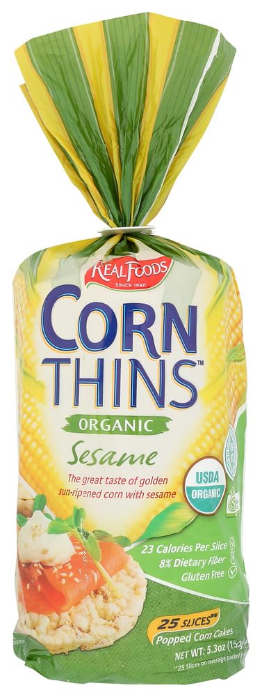 Real Foods Organic Corn Thins, Sesame Flavor, Gluten Free, 5.3 oz Bag, Pack of 12