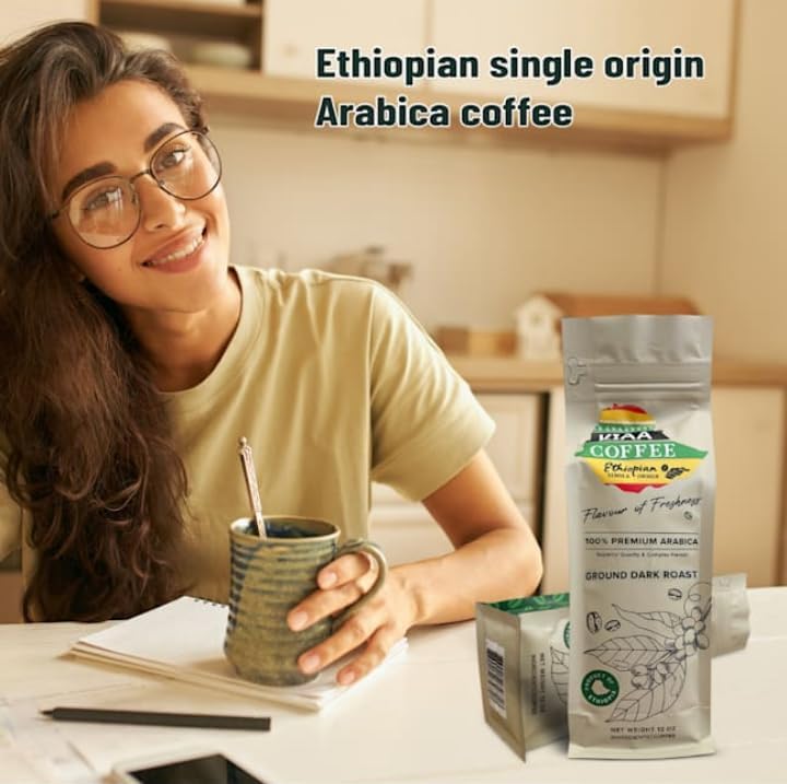 Kiaa Ethiopian Enhanced Ground Dark Roast - 12Oz, 100% Organic Arabica, Full-Bodied Bold Flavor, Rich & Smooth, Perfect For Espresso, French Press & Drip Brewing, Freshly Roasted