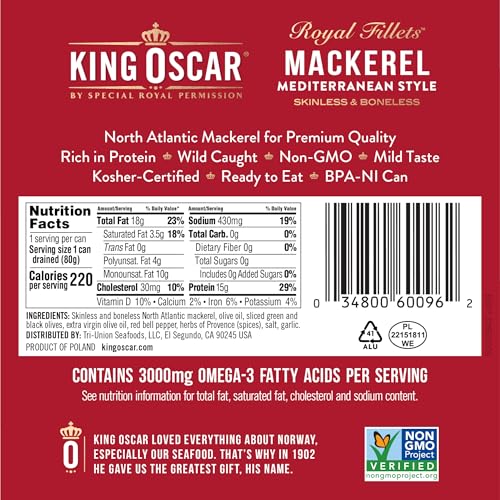 King Oscar Skinless & Boneless Mackerel Variety Pack Olive Oil  Med. Style  Lemon and Jalapeo  4.05-Ounce Cans (Pack of 6)