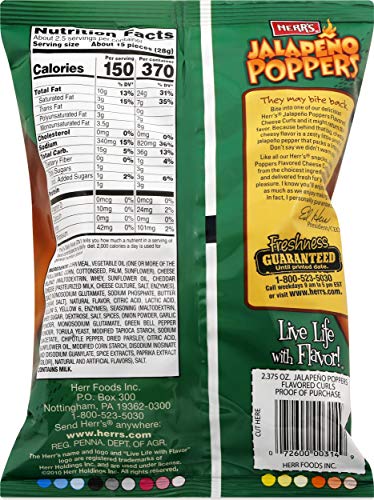 Herrs Jalapeo Poppers Flavored Cheese Curls - Made with Cheddar Cheese - Great for Bold Flavor Fans - 2.375 Ounce (Pack of 20)