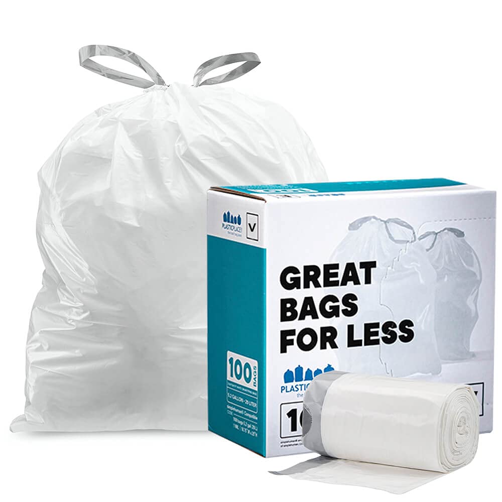 Plasticplace Simplehuman (X) Code V Compatible (100 Count) Drawstring Garbage Liners 4.2-4.8 Gallon / 16-18 Liter 14.75'' X 28''