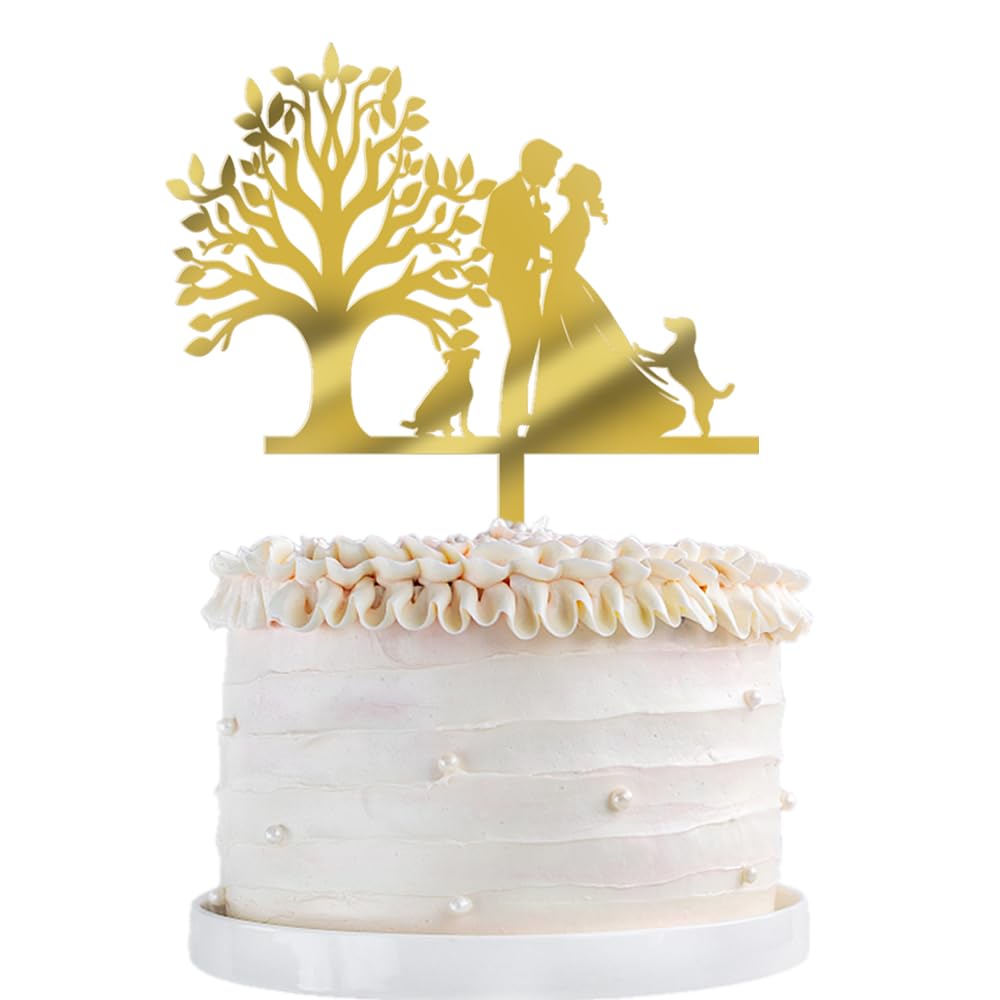 Acrylic Mr & Mrs Cake Topper -Wedding Engagement Bridal Shower Cake Topper,Bride Hold Groom With Flowers Besides 2 Pet Dogs Silh