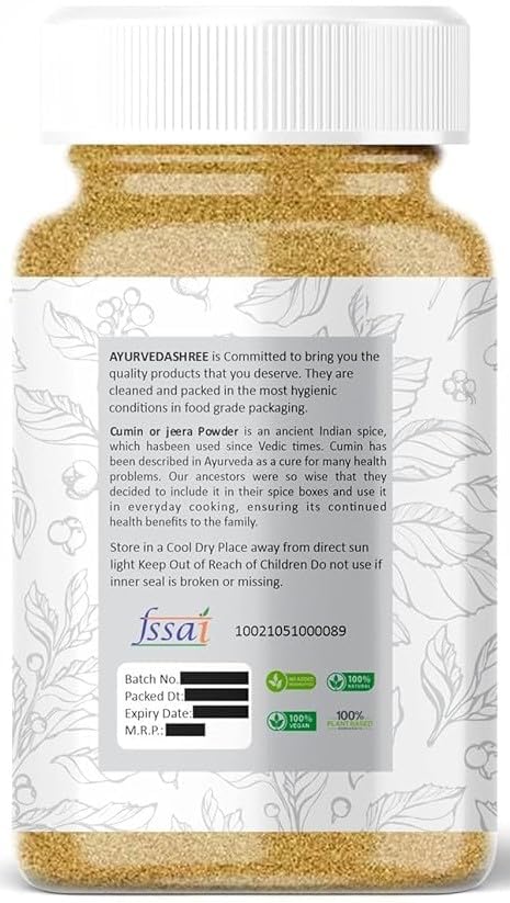 Ayurvedashree Cumin Seed Powder (Jeera Powder) Spice 100G, All Natural | 100% Pure | Non-Gmo | Vegan | Indian Origin