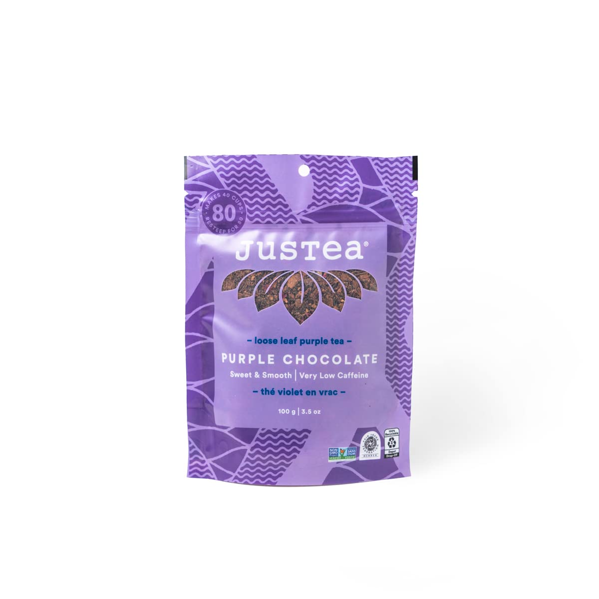 JusTea Purple Chocolate Loose Leaf Tea, Fair Trade, Non-GMO, 3.5 oz Refill Pouch, Very Low Caffeine, 40+ Cups