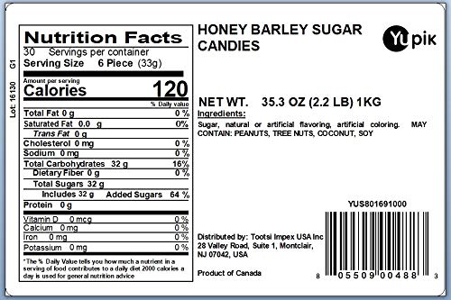 Yupik Honey Barley Sugar Candies, 2.2 Lb (35.2 Oz), Pack Of 6, Individually Wrapped Hard Candies, Gluten-Free, Low-Calorie, Fat-