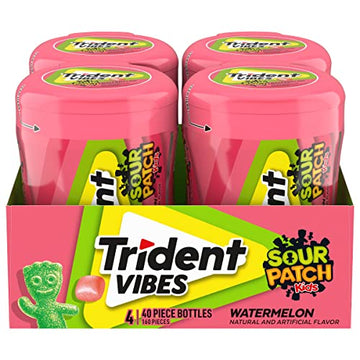 Trident Vibes Sour Patch Kids Watermelon Sugar Free Gum, 4 Bottles Of 40 Pieces (160 Total Pieces)