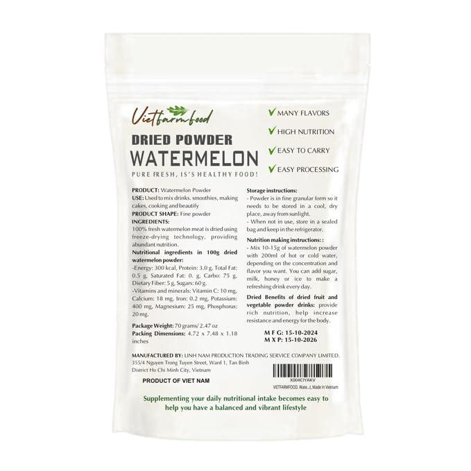 VIETFARMFOOD Watermelon Powder Freeze-Dried 2.47 Oz - Sugar-Free Mix for Drinks, Smoothies, and Baking