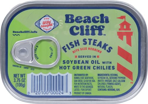 Beach Cliff Wild Caught Fish Steaks In Soybean Oil With Green Chilies, 3.75 Oz Can - 16G Protein Per Serving - Gluten Free, Keto