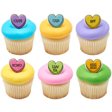 Orange, Yellow, Green, Blue, Pink, And Purple Heart Shape Edible Sugar Cake Toppers, 12 Count