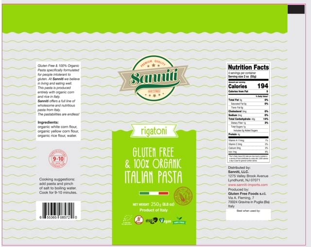 Sanniti Italian Gluten Free European-Kosher Vegan Gmo-Free Rigatoni Pasta Made With Corn And Rice, 8.8 Oz (Pack Of 4)