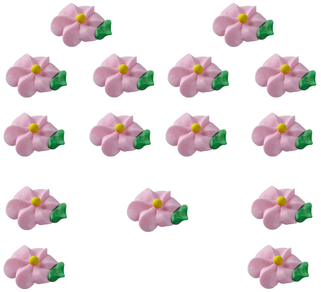 OCREME Royal Icing Sugar Flower Decorations Set of 15 - 1 Inch Pink for Cakes, Cupcake Toppers - Model OCRIF-40