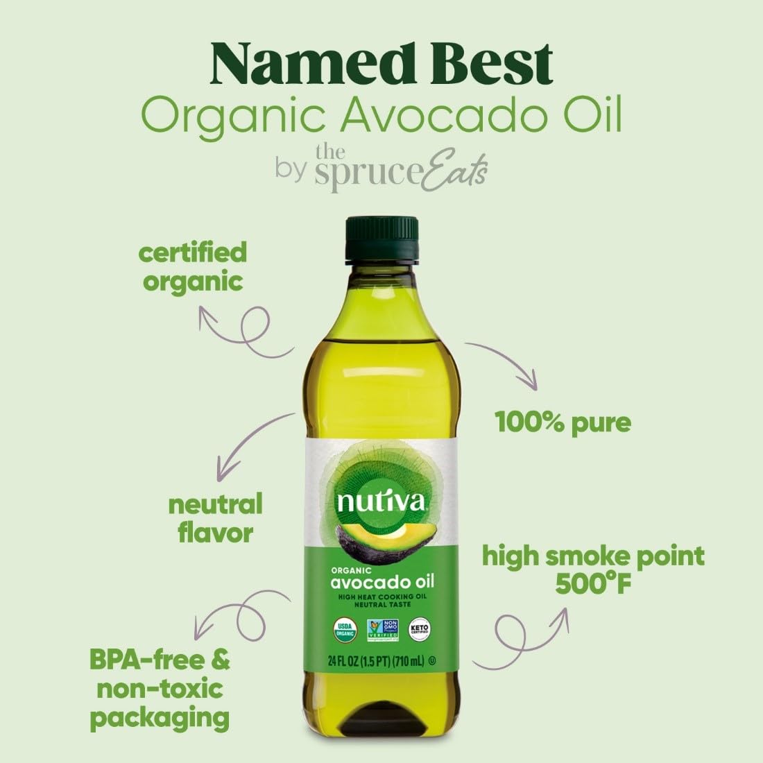 Nutiva Organic Avocado Oil, 100% Pure, High-Heat Cooking Oil, 24 Fl Oz, USDA Organic, Non-GMO, Yellow
