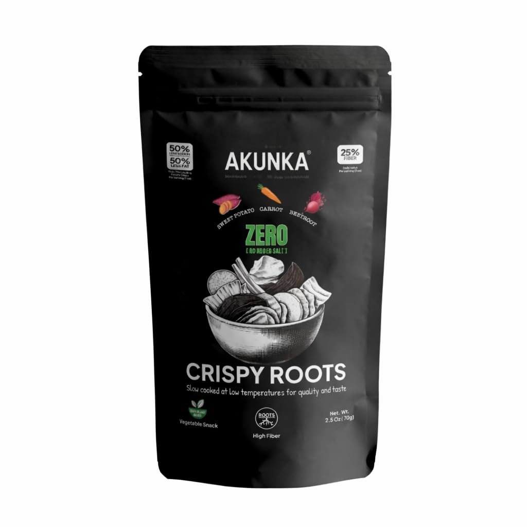 Akunka Crispy Roots - Unsalted Vegetable Snack, Sweet Potato, Carrot, Beetroot, High Fiber, Zero Added Salt, 2.5 oz