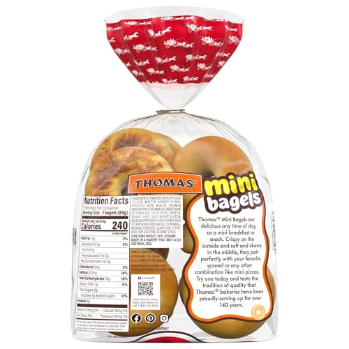 Thomas Plain Mini Bagels, 10 Pre-Sliced Mini Bagels with No High Fructose Corn Syrup, 15 Oz Bag