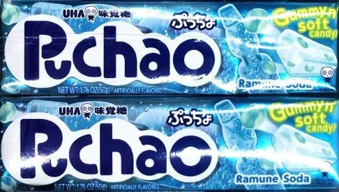 Uha Mikakuto Puchao Gummy N' Soft Candy Variety Of Fruit Flavors 2 Pack, 1.76 Oz Each (Ramune Soda)