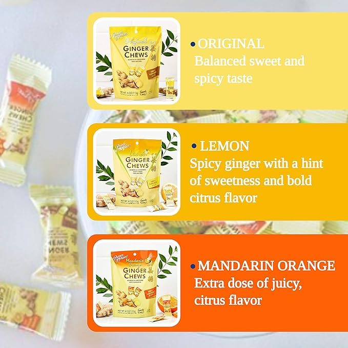 Prince Of Peace Ginger Chews Variety Pack 4Oz - Flavors Original, Lemon, Blood Orange, 100% Natural, Non-Gmo, Vegan And Gluten-F