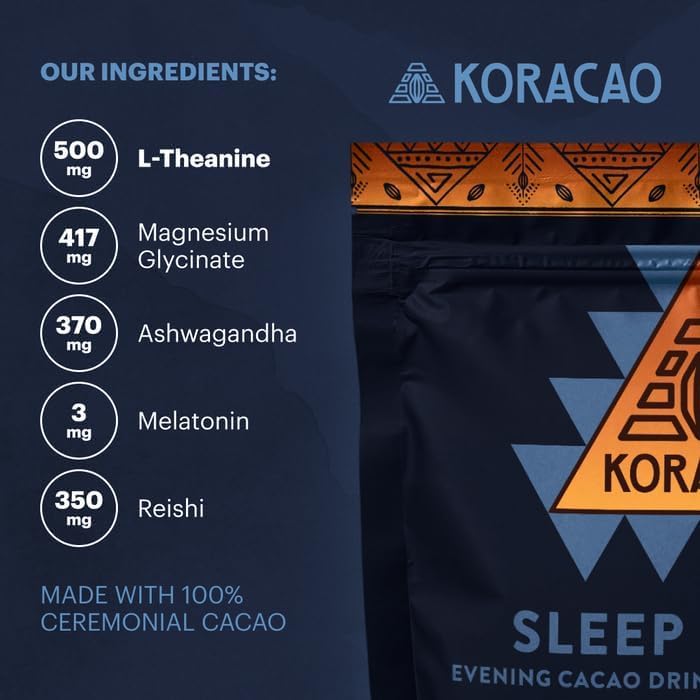 KORACAO Sleep Elixir Cacao Blend - Ceremonial-Grade Cocoa Drink with Magnesium  L-Theanine  Reishi  Melatonin & Ashwagandha - 300g (30 Servings) for Relaxation & Restful Sleep