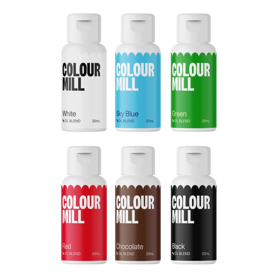Colour Mill Oil-Based Food Coloring, 20 Milliliter Holiday Pack Each of 6 Colors: White, Sky Blue, Green, Black, Chocolate and R
