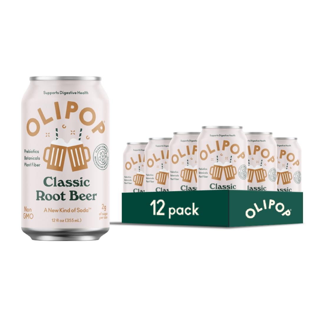 OLIPOP Prebiotic Soda, Classic Root Beer, 12 Fl Oz, Pack of 12, Gluten Free, Vegan, Non-GMO