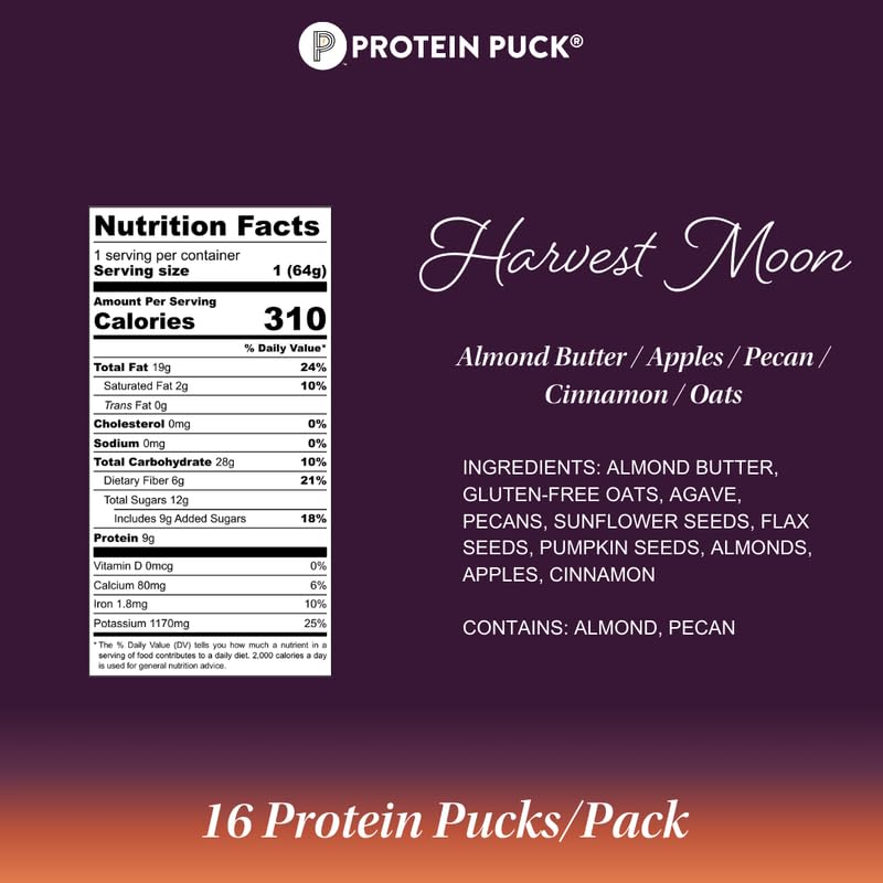 Protein Puck Plant Based Bars - Vegan Protein Snacks, Gluten Free, 2.25 oz Single Serve, 16 Count, Kosher Certified