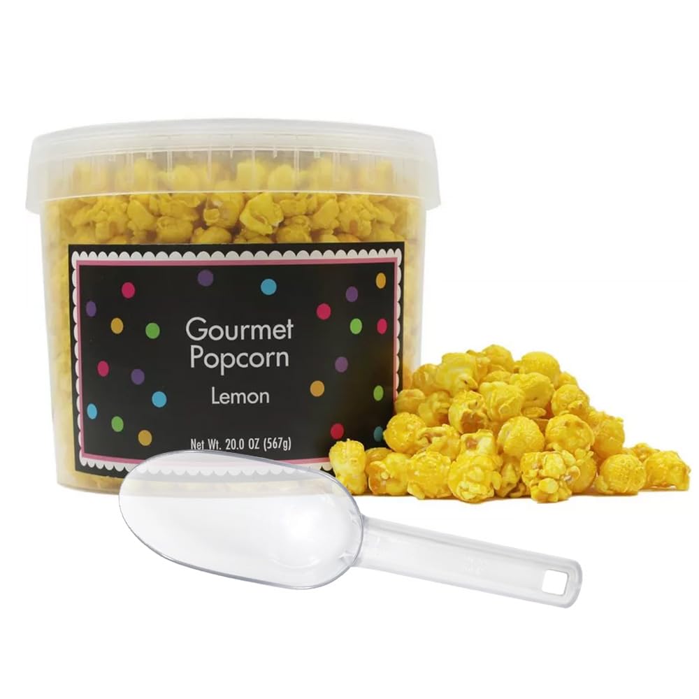 Yellow Popcorn Bucket with Scoop, 20 Ounce, Lemon Flavored Popcorn Tub, Fresh Gourmet Popcorn, The Hampton Popcorn & Candy Compa