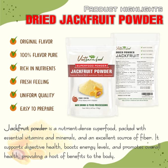 Jackfruit Powder 2.47 Oz (70G) Vietfarmfood: Freeze-Dried Extracted From 100% Pure, Sugar-Free. Used To Mix Mixed Drinks Fresh F