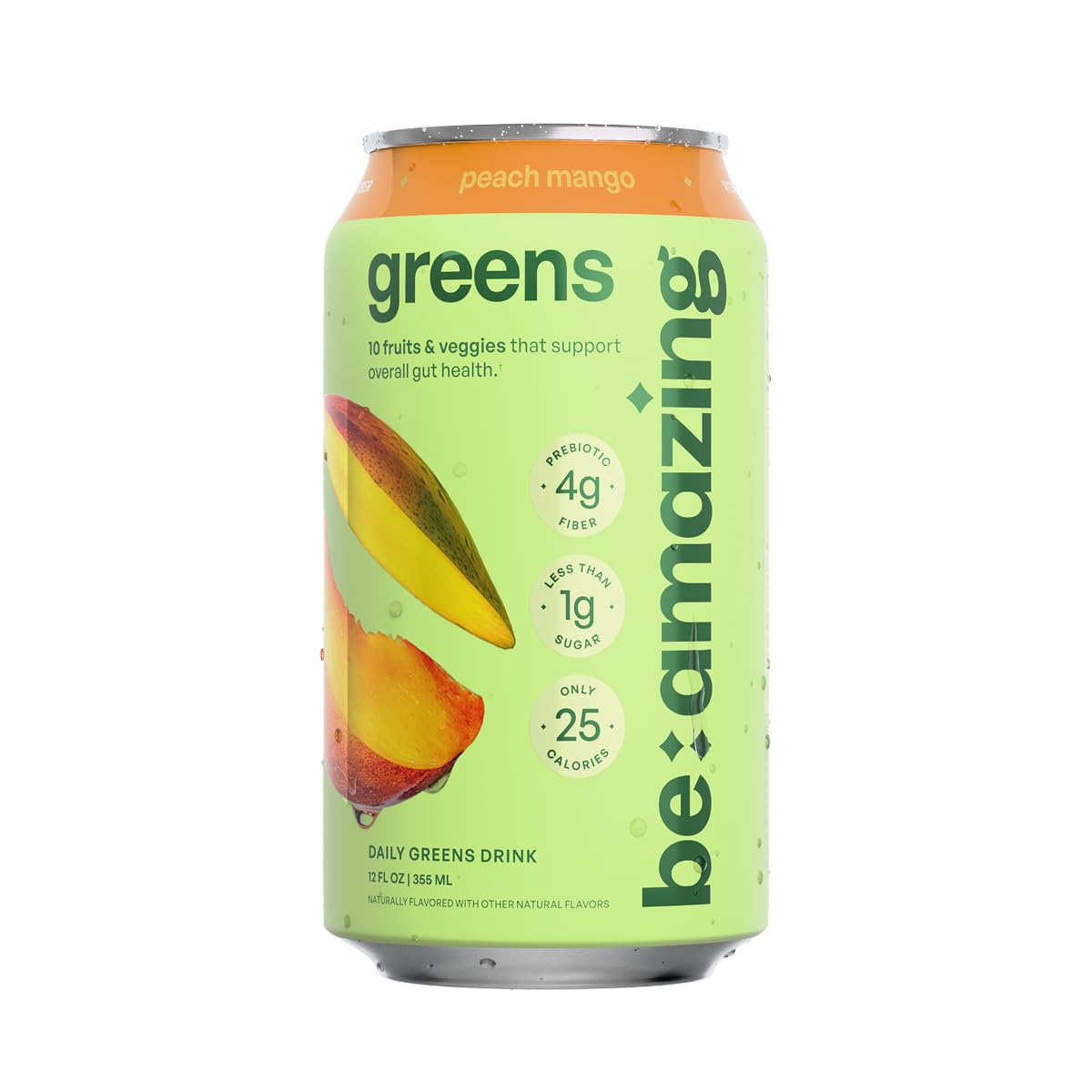 Be Amazing Greens Drink  Peach Mango  Vitamin Drinks With 10 Organic Fruits and Vegetables  Coconut Water  Vitamin C  and Prebiotic Fiber  25 Calories  Low Sugar  Vegan and Gluten Free  8 Pack