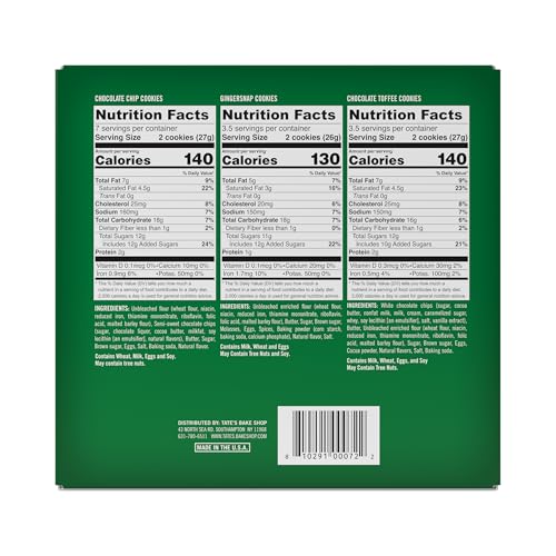 Tates Bake Shop Holiday Cookies Holiday Gift Box, Chocolate Chip, Chocolate Toffee and Gingersnap, 13.5 oz