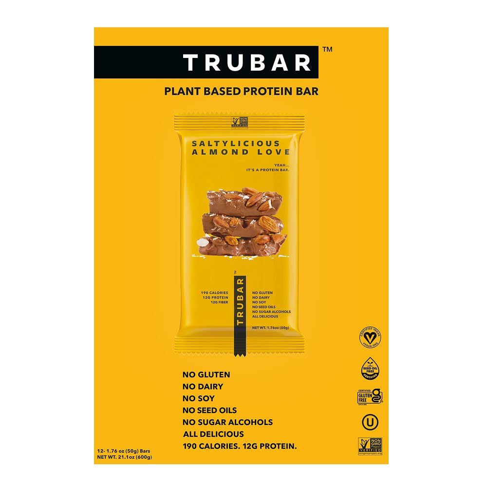 TRUBAR Vegan Protein Bar, Saltylicious Almond Love, Gluten Free, Plant Based, High Fiber, Dairy Free, Low Fat, Non GMO, No Sugar  s, 12G Lean Protein, 13G Fiber, Healthy Snack Bars, 12 CT