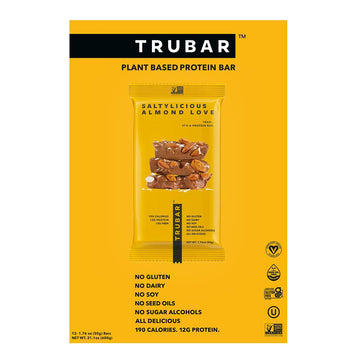TRUBAR Vegan Protein Bar, Saltylicious Almond Love, Gluten Free, Plant Based, High Fiber, Dairy Free, Low Fat, Non GMO, No Sugar  s, 12G Lean Protein, 13G Fiber, Healthy Snack Bars, 12 CT