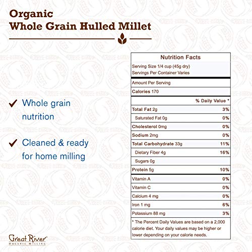 Great River Organic Milling Organic Hulled Millet | Whole Grain Ancient Grain | Gluten-Free, High-Fiber Superfood | Non-GMO, Kos
