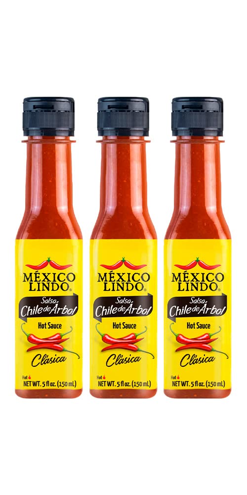 Mexico Lindo Chile de Arbol Hot Sauce Ingredients | 12,190 Scoville Level | Classic Flavor | 5 Fl Oz Bottles (Pack of 3)