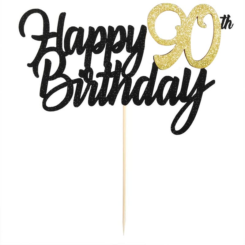 JUTTIRA 90th Birthday Cake Topper Glitter Anniversary Decoration Gold Bamboo for Men Women