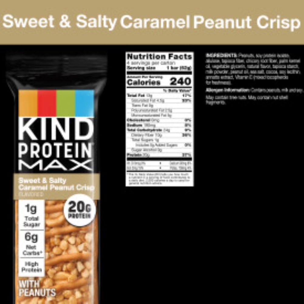 KIND Protein MAX Snack Bars, 20g Protein, Keto Friendly, 1g Sugar, Gluten Free, 4 Count Box, Brown, Model 66913