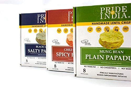 Pride Of India - Assorted Papadum Lentil Crisps - Plain, Salty & Spicy - Pack of 6 (2 Boxes per Flavor) - 6 * 3.53oz (100gm) per