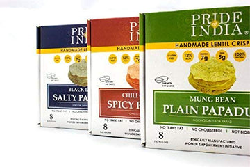 Pride Of India - Assorted Papadum Lentil Crisps - Plain, Salty & Spicy - Pack of 6 (2 Boxes per Flavor) - 6 * 3.53oz (100gm) per