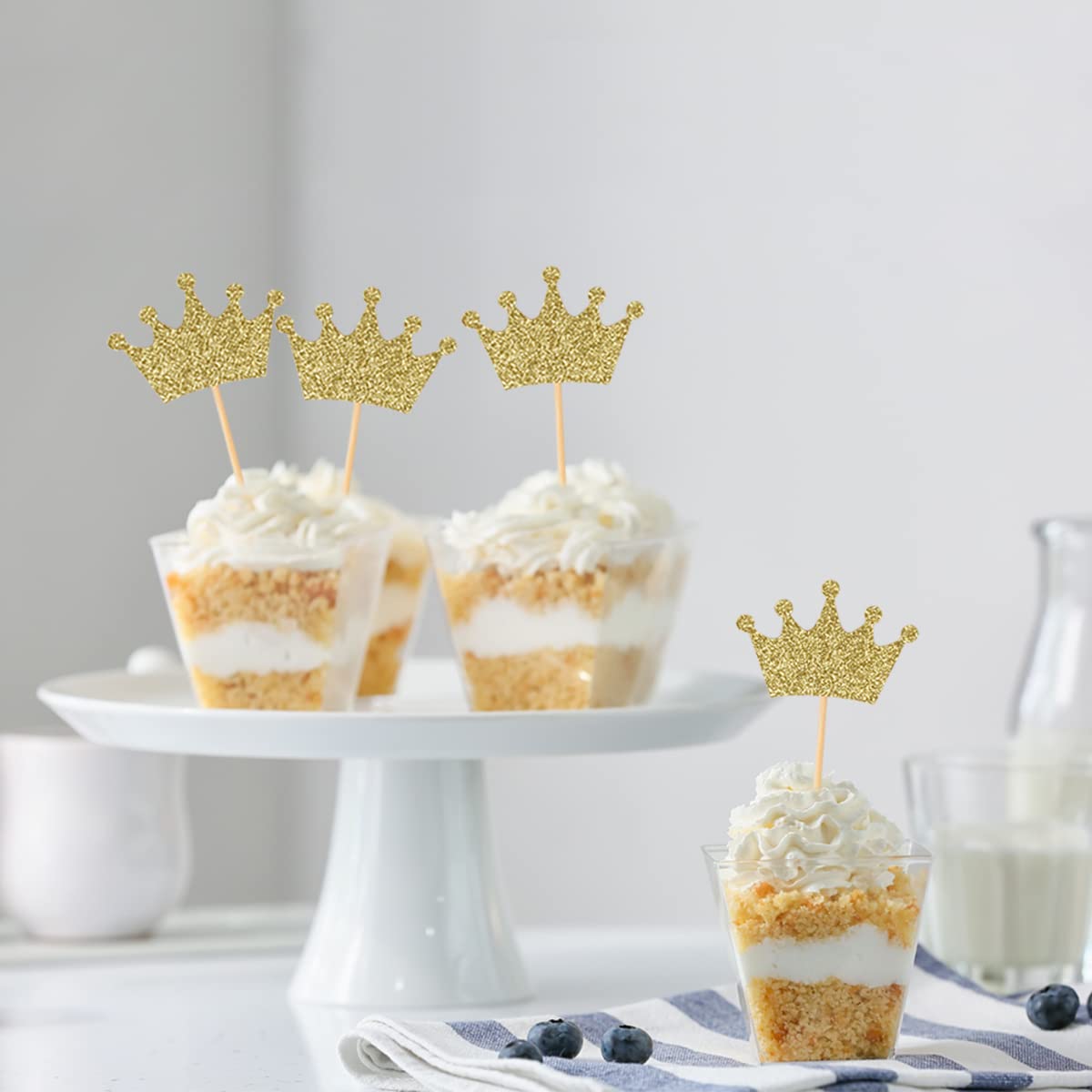 Donoter Crown Cupcake Toppers 48 Pcs Gold Glittery Paper Picks for Baby Shower Birthday Party Decorations