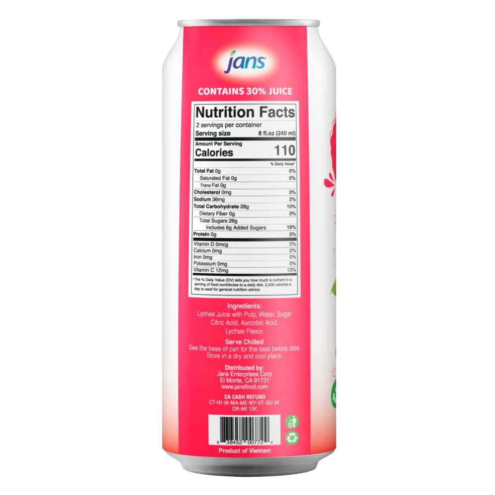 Lychee Juice With Pulp, 16.9 Oz (Bulk Pack Of 12) By Jans | 100% Pure Lychee Juice Drink | No Sugar Added, Not From Concentrate,