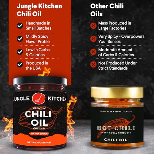Jungle Kitchen Extra Spicy Crunchy Garlic Chili Oil Hot Chili Oil Vegan & Gluten-Free Great For Sauce & Toppings, 6Oz 3 Pack
