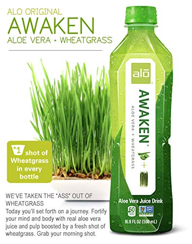 ALO Aloe Vera Juice Drink | AWAKEN - Aloe Vera + Wheatgrass | 16.9 fl oz, Pack of 12 | Plant Based Drink with Real Aloe Vera Pul