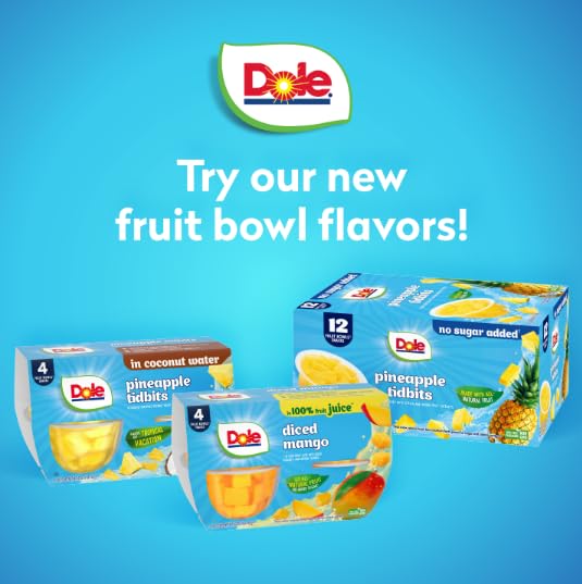 Dole Pineapple Tidbits in Coconut Water - Dole Fruit Bowls Snacks - 4 oz Fruit Bowls - 24 Pack