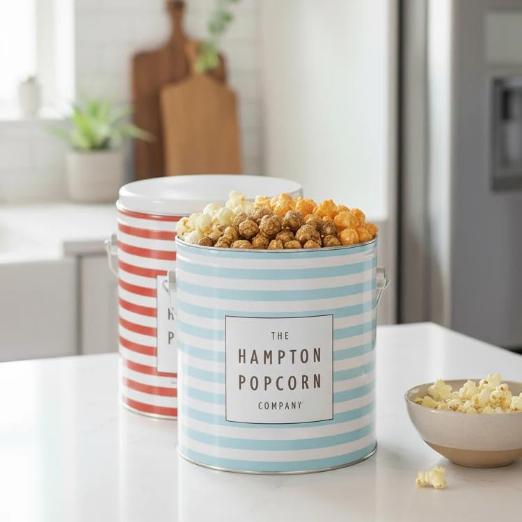 3 Flavor  1 Gallon Gourmet Popcorn Tin  Butter  Caramel & Orange Cheddar Cheese  The Hampton Popcorn & Candy Company (10.5 Oz.  1 Gallon Tin)