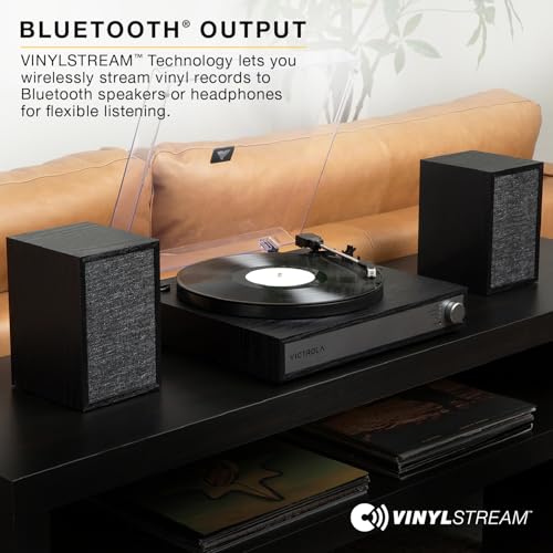 Victrola Harmony - Bluetooth Turntable System- 3-Speed Vinyl Record Player  Stereo Bookshelf Speakers  Mid-Century Modern Design  Audio Technica ATN3600L  Bluetooth Input and Output (Walnut)