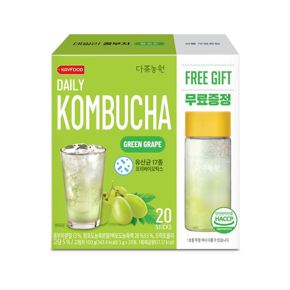 KAYFOOD-Kombucha-Greengrape-Garden-Daily 20 Sticks with Gift Bottle Zero Sugar, Diet, Gut Healthy Sparkling Beverage, Fermented 