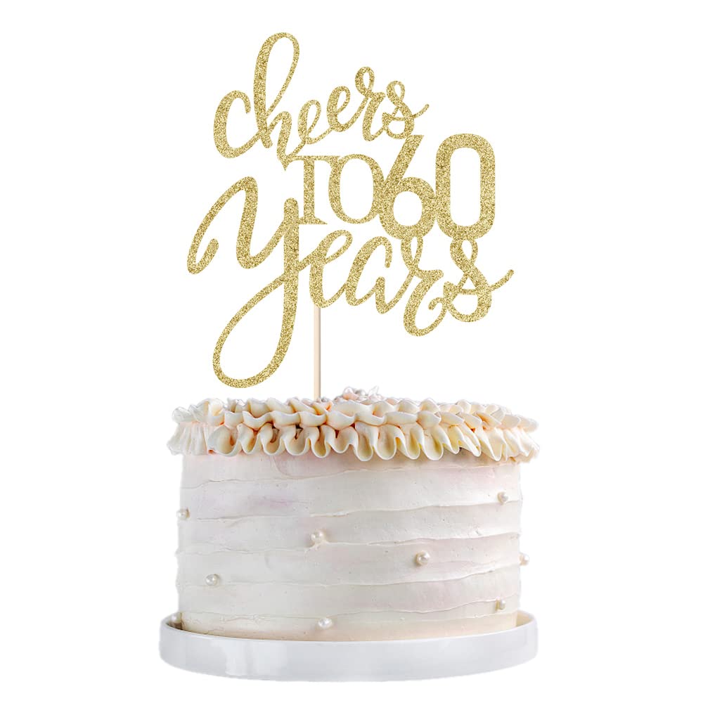 Qertesl Gold Glitter Cheers to 60 years Cake topper, Happy 60th Birthday Cake Decorations,Perfect for 60 Years Cake Decorating,W